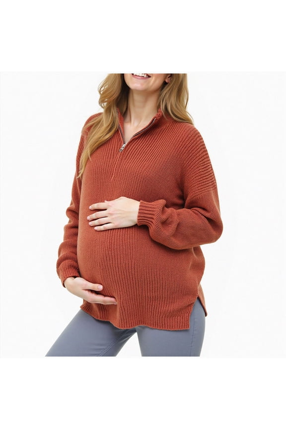 Womens Maternity Half Zip Sweater Chunky Ribbed Knit Oversized Pullover Side Slit Pregnancy Top Fall Winter Warm,Sizes L