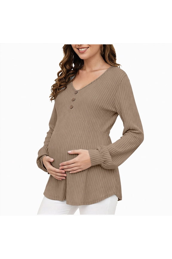 Womens Maternity Long Sleeve Tunic Top Ribbed Knit V Neck Button Decor Side Slit Flowy Pregnancy Shirt Fall Winter,Sizes L