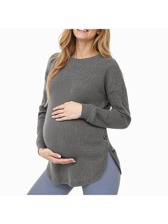 Womens Maternity Ribbed Knit Sweater Crew Neck Long Sleeve Side Button Curved Hem Pregnancy Top Fall Winter,Sizes S