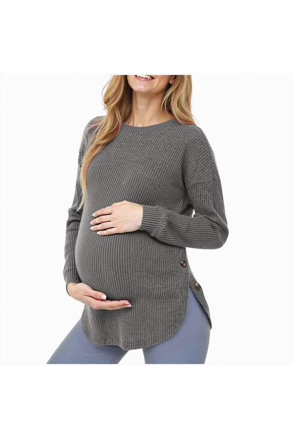 Womens Maternity Ribbed Knit Sweater Crew Neck Long Sleeve Side Button Curved Hem Pregnancy Top Fall Winter,Sizes XXL