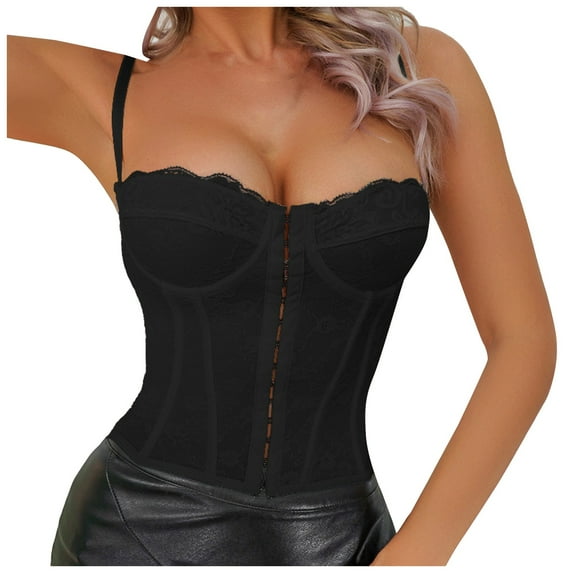 UAYOTSE Womens Overbust Corset Tie Front Lace-up Back Bustier Shapewear Top,Black S
