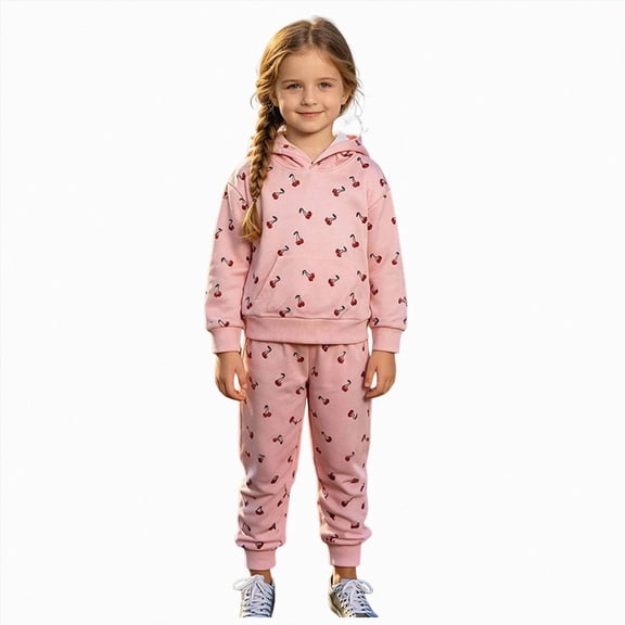 UAYOTSE Young Girl Baby Spring and Fall Hooded Cherry Print Long Sleeve Top Trousers Set,Sizes 2-3 Years