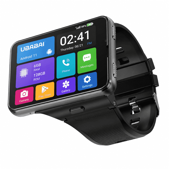 UBABAI 4G Android Smartwatch Phone with Nano Sim Android 11 2.88" Touch Screen Dual Camera 6GB RAM 128GB Storage