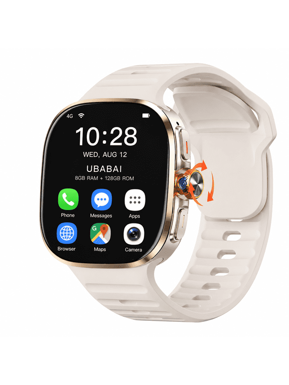 4G LTE Android 10 Smartwatch with SIM Card Slot, 2.4-Inch AMOLED Wrist Phone, GPS, Wi-Fi, Rotating Camera, 8GB RAM 128GB