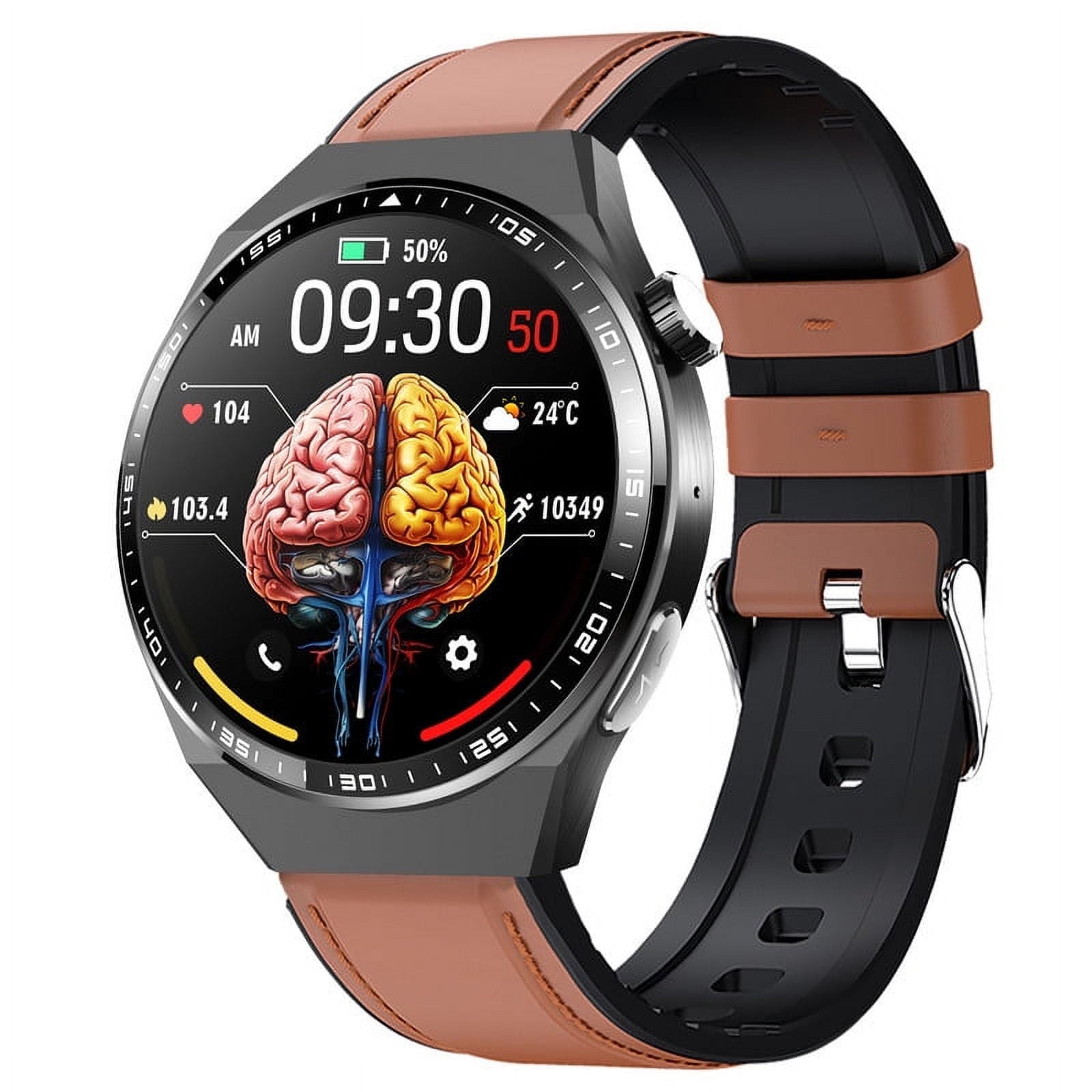 UBABAI Smart Watch F800 Bluetooth Call Outdoor Sports Watch 1.55inch Round Men's Brown belt Strap