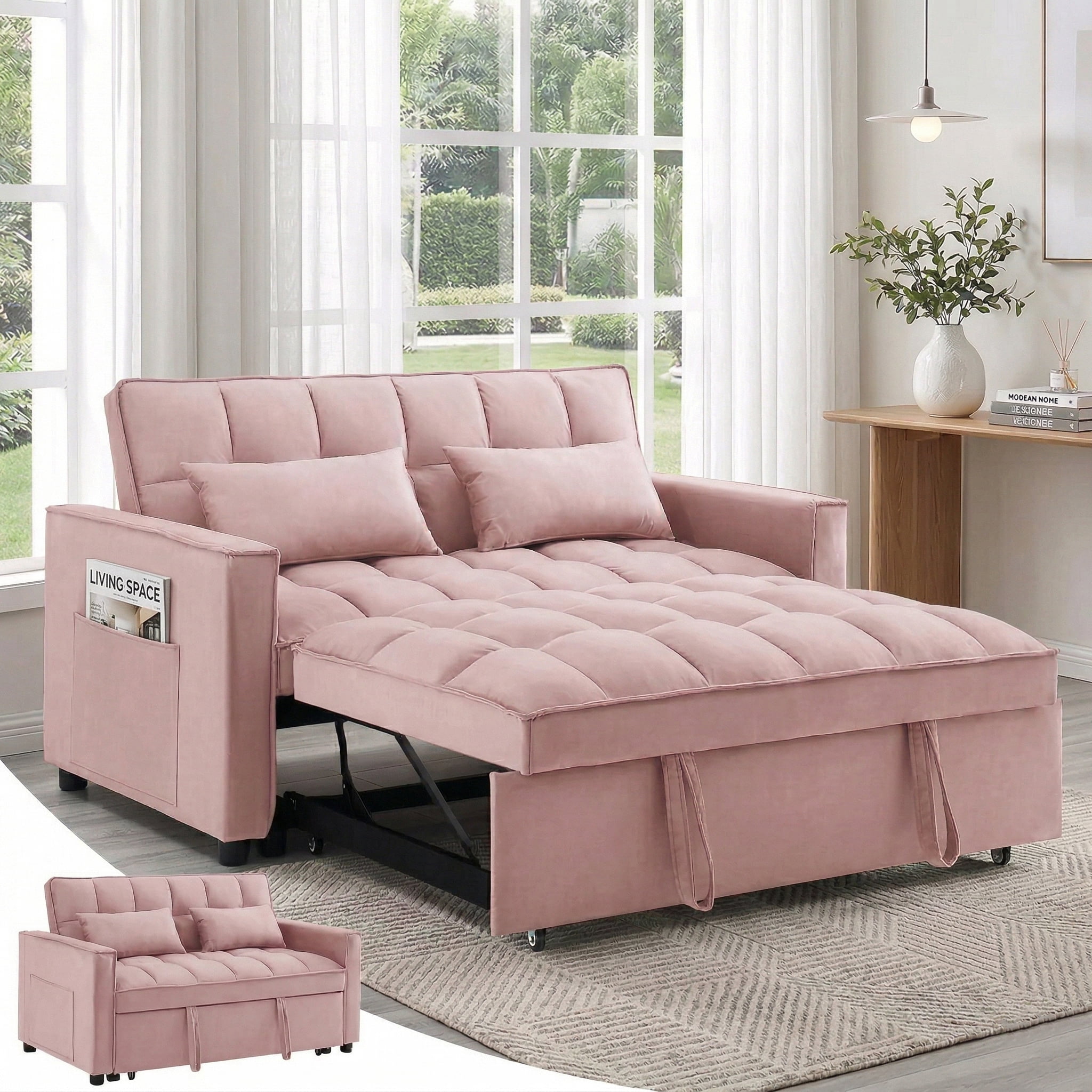 Avobird 3-in-1 Velvet Convertible Sleeper Sofa, Pull Out Couch Bed with Adjustable Backrest & Storage, Pink