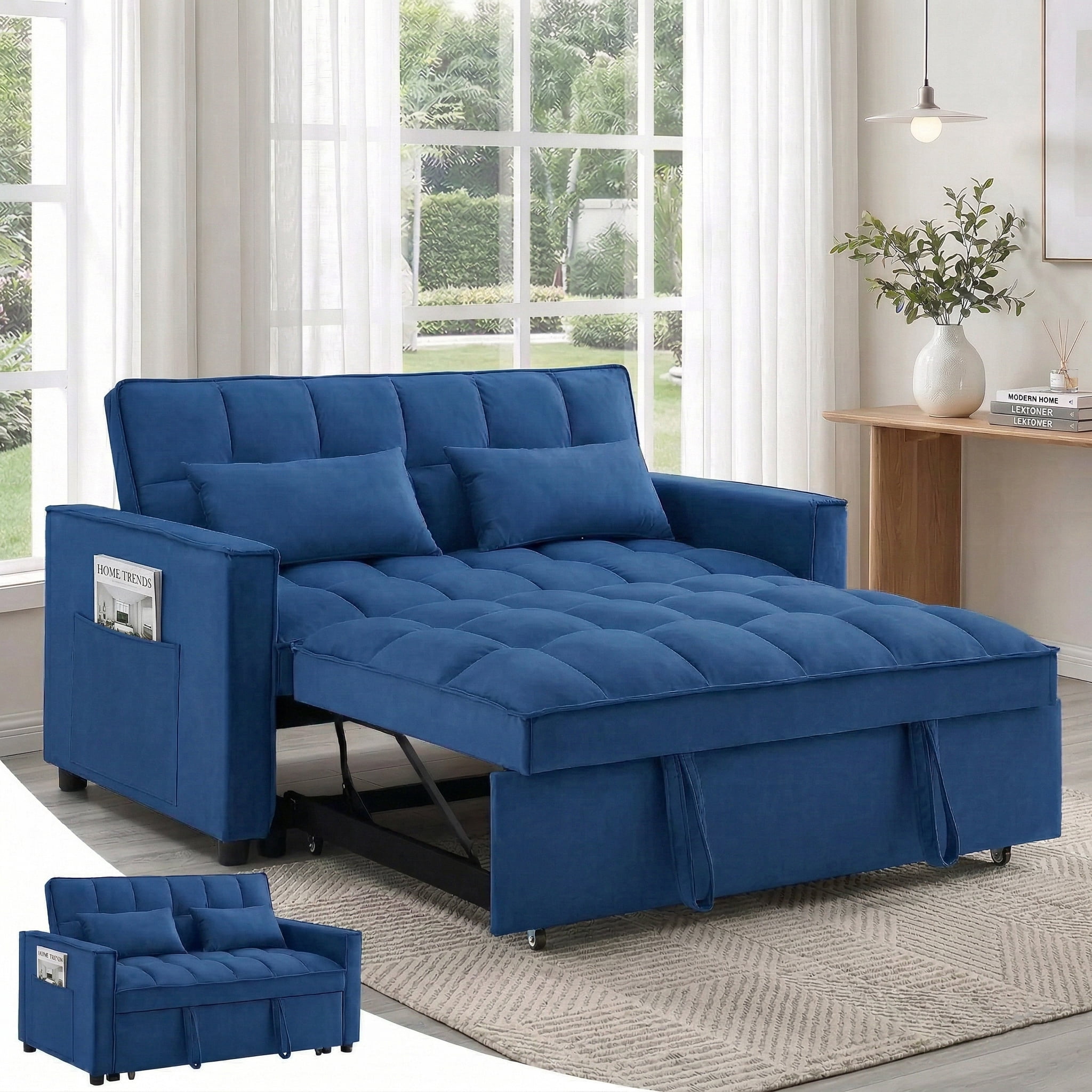 Avobird 3-in-1 Velvet Convertible Sleeper Sofa, Pull Out Couch Bed with Adjustable Backrest & Storage, Blue