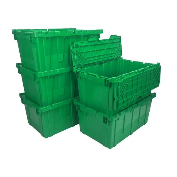 UBMOVE Green Storage and Packing Plastic Tote Crate Attached Lid Flip Top, 27"x17"x12"