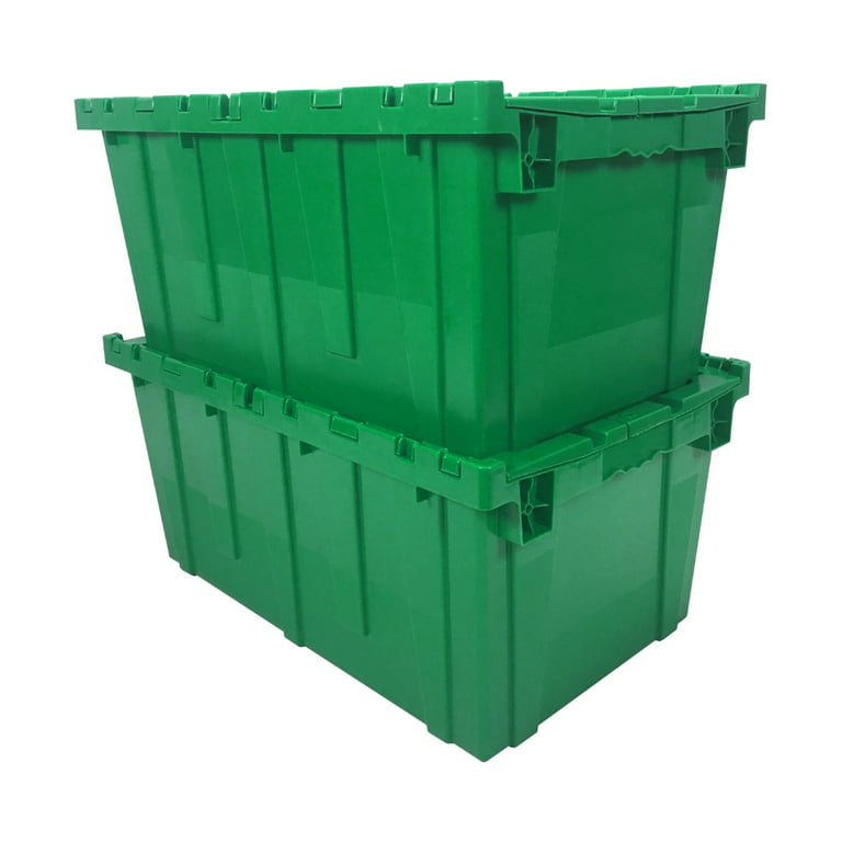 UBMOVE Storage Plastic Tote Green Crate Attached Lid Flip Top, 27x17x12 Pack of 2