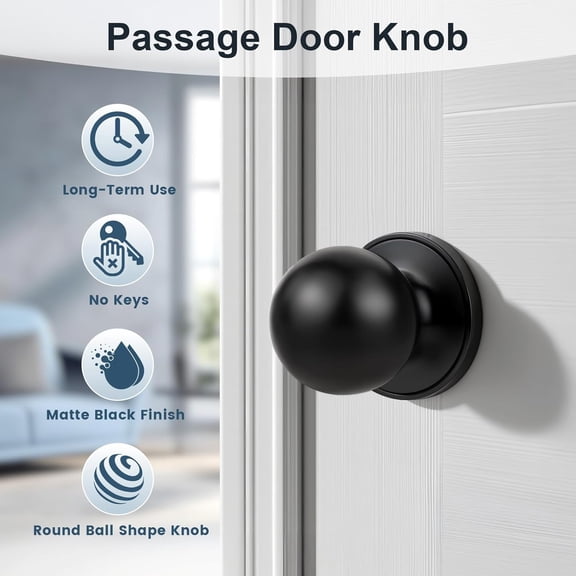 UBSWF-1 Pack Matte Black Passage Door Knob, Interior Door Knob for Hallway Closet, Indoor Door knobs
