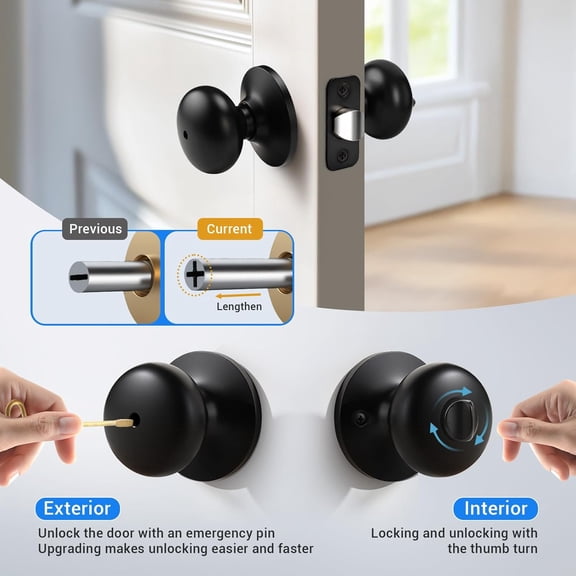 UBSWF-1 Pack Matte Black Privacy Door Knob for Bathroom or Bedroom, Keyless Round Interior Door Knobs with Lock, Door Handle for Interior Doors