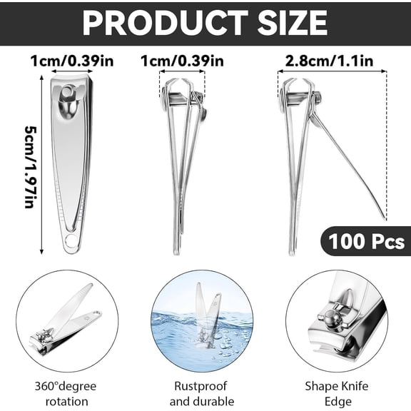 UBSWF-100 Pieces Nail Clippers Bulk for Men Women Adult, Ultra Sharp Stainless Steel Fingernail & Toenail Clippers Set, Flat Portable Travel Fingernails Sturdy Trimmer Pointed Pedicure Manicure Care