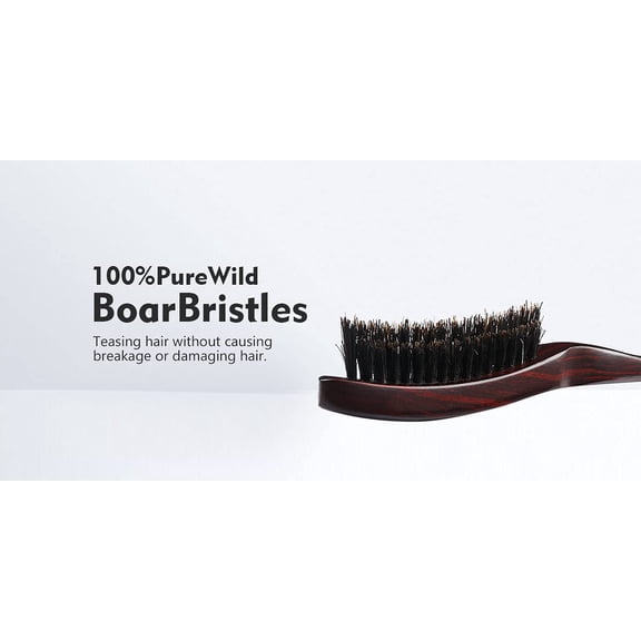 UBSWF-100% Pure Boar Bristle Teasing Hair Brush with Wooden Handle, 3 Row Slim Backcombing Brush, 8.8 inch