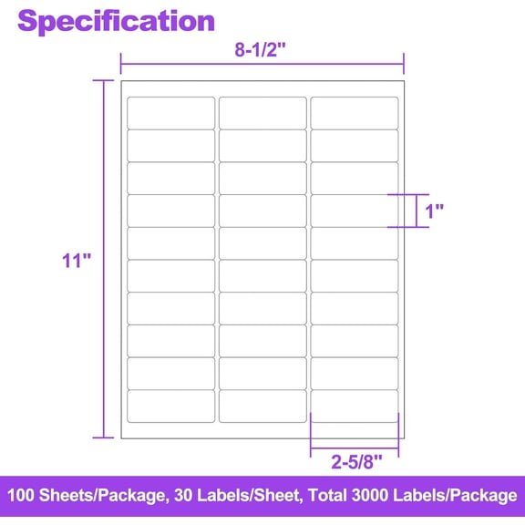 UBSWF-100 Sheets 3000 Labels 30-up 1" x 2-5/8" Shipping Address Labels for Laser and Inkjet Printers, 30 UP Labels Return Mailing Labels, 30 per Page
