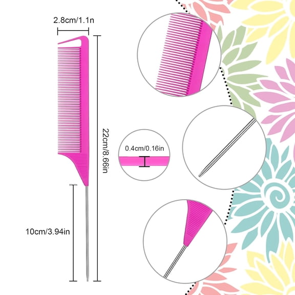 UBSWF-12 Pcs Parting Comb for Braids, Rat Tail Stainless Steel Pintail Comb for Teasing, Braiding, Pressing, Hair Styling, Hairdressing, Hair Salon & Home Use, Rose Red