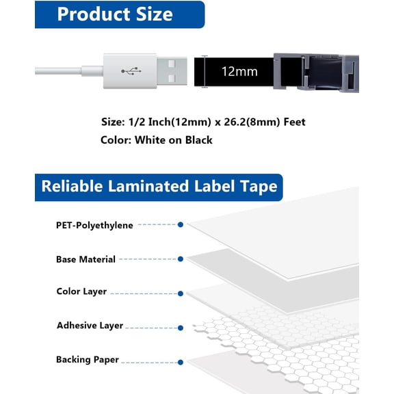 UBSWF-12mm 0.47 Inch Laminated White on Black Compatible with Brother P Touch Label Tape TZ TZe-335 TZe335 Refills for Brother Ptouch PT-H110 D200 D210 D220 D400 PT-D600 Label Maker, 3-Pack