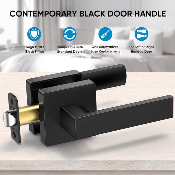 UBSWF-1PK Matte Black Door Handles Interior, Reversible Square Door Levers Knob for Hallway, Bedroom, Bathroom (No Lock, 1PK Passage)
