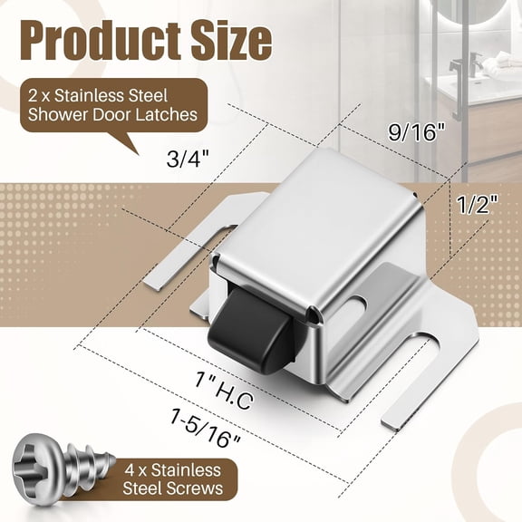 UBSWF-2 Pack Shower Door Latch Replacement, Stainless Steel Single Shower Door Catch with Rust Proof Tip, Adjustable Spring Lock with 4 Screws, Push to Close Latch, Soft Closer for Bathroom