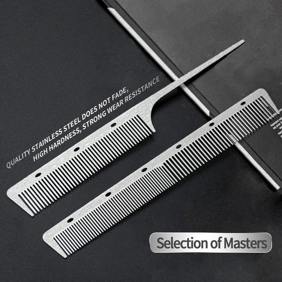 UBSWF-2 Pcs 304 Stainless Steel Metal comb, anti-static, heat-resistant, Ultra-thin, Metal Teasing Comb with Pick, Rat Tail Comb, Wood Grain Design