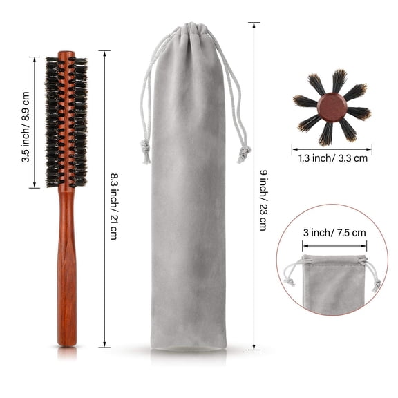 UBSWF-2 Pcs Boar Bristle Round Brush Small Round Hair Brush Styling Roller Brush Anti Static Quiff Mini Comb with Wooden Handle for Blow Drying Straightening Curling Wet Thin or Short Hair