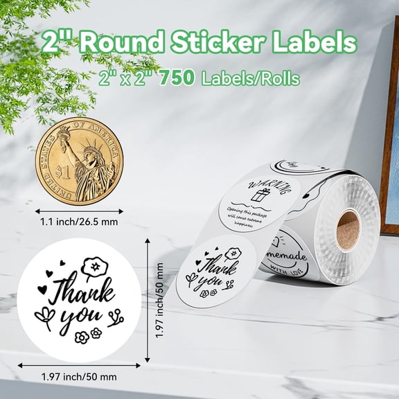 UBSWF-2'' White Round Thermal Labels, 750pcs Circle Thermal Printer Label, Multi-Purpose for DIY Logo Design, Name/Price Tag, Address, QR Code, 750 Labels/Roll