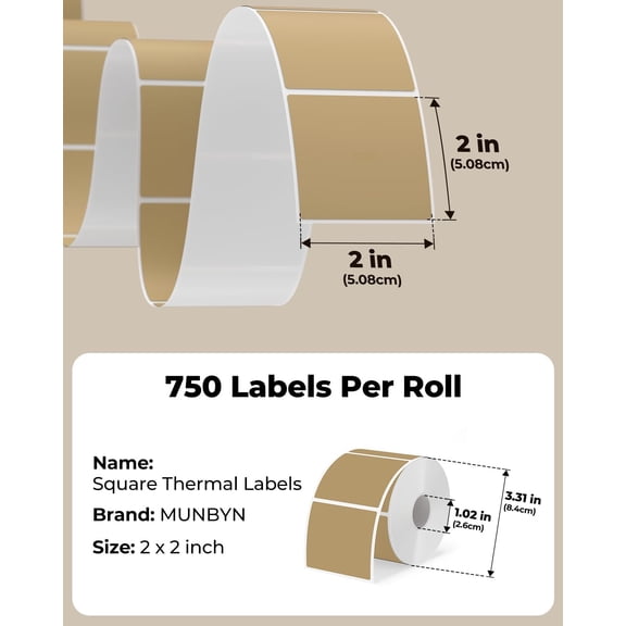 UBSWF-2"x2" Square Thermal Labels, Compatible with Multiple Thermal Printers, Strong Adhesive, White Address Labels for Barcode, 750 Sheets/Roll, Brown
