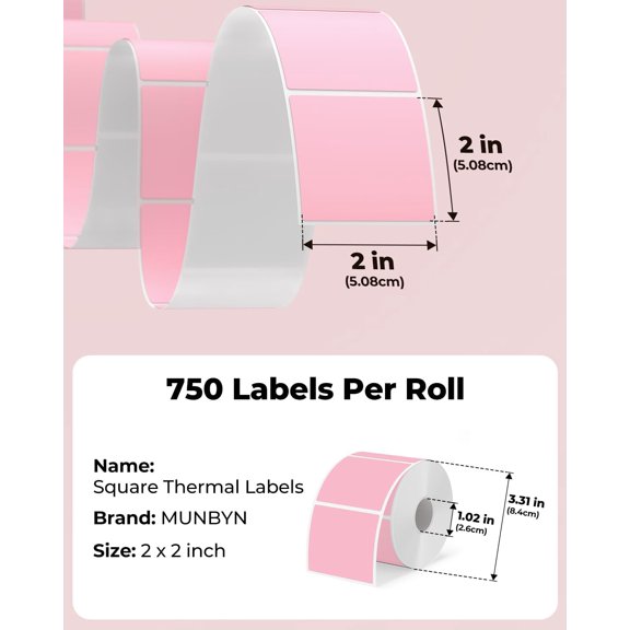 UBSWF-2"x2" Square Thermal Labels, Compatible with Multiple Thermal Printers, Strong Adhesive, White Address Labels for Barcode, 750 Sheets/Roll, Pink