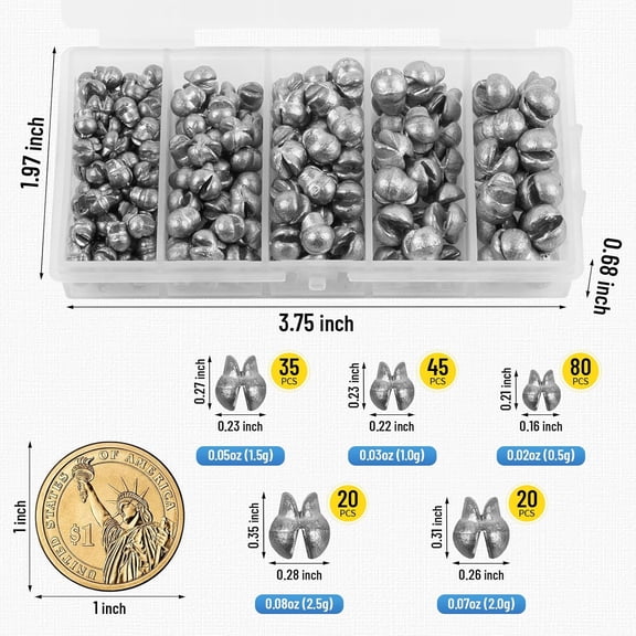 UBSWF-200/320Pcs Split Shot Fishing Weights Sinkers, Removable Lead Fishing Weights, Premium Duckbill Reusable Fishing Sinkers for Freshwater Saltwater Bass Trout Fishing Accessories - 5/6 Sizes