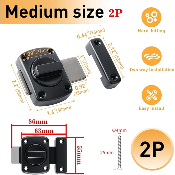 UBSWF-2Pcs Gate Latch Slide Bolt Latches Lock,Medium Size Safety Double Sided Rotate Gate Hardware for Storage Box, Cabinet,Shed Door,Black Finish,63mmx55mm MS220B-2P