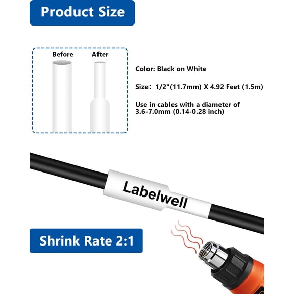 UBSWF-3-Pack HSe-231 11.7mm Compatible for Brother HSe-231 HSe231 HS-231 HS231 Heat Shrink Tube Label Tape Work with PT-D220 PT-D210 PT-E300 PT-H300 PT-E500 PT-E550W Label Maker, Black on White