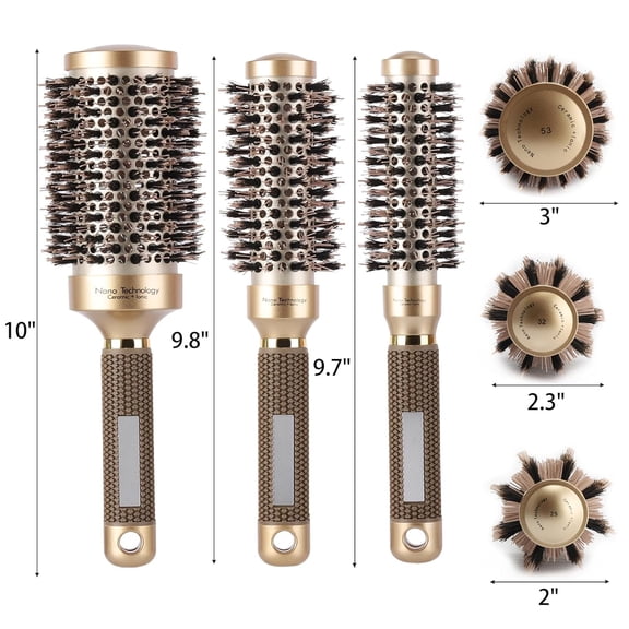 UBSWF-3 Pcs Boar Bristle Round Brush for Blow Drying, Nano Thermal Ceramic and Ionic Tech Hair Brush for Curling and Straightening - LargeMedium and Small Round Brushes