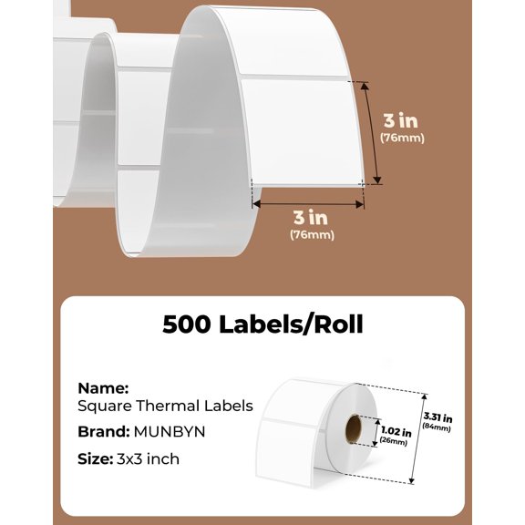 UBSWF-3"x3" Square Thermal Labels, Compatible with Multiple Thermal Printers, Strong Adhesive, White Address Labels for Barcode, 500 Sheets/Roll