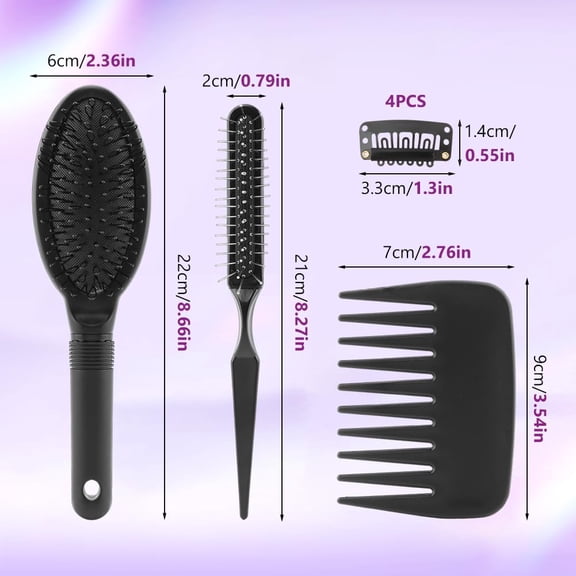 UBSWF-3Pcs Wig Brush Comb Set with 4pcs Wig Clips, Loop Wigs Brush Hair Extension Wide-Tooth and Edge Combs for Human Wigs and Synthetic Extension(COLOR:Black)