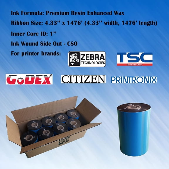 UBSWF-4.33'' x 1476' Premium Resin Enhanced Wax Ribbon, 110mm x 450m Black Thermal Transfer Ribbon, Barcode Thermal Label Printer Ribbon, CSO-Ink Outside, 1'' Core for Zebra, TSC, GoDex, Citizen (1 R