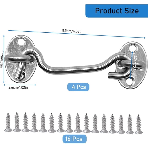 UBSWF-4 Pack 4" Hook and Eye Gate Latch, Stainless Steel Rust-Resistant Barn Door Lock Cabin Hooks for Gate Shutters Window Slide Barn Shed Cabinet Bathroom, with 16pcs Screw,Silver