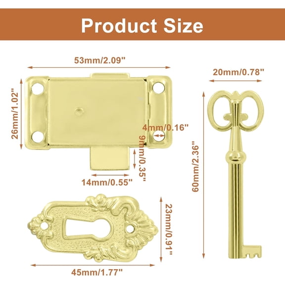 UBSWF-4 Sets Skeleton Key Lock Decorative Antique Gold Cabinet Vintage Lock with Key and Screws for Chest Cupboard Furniture