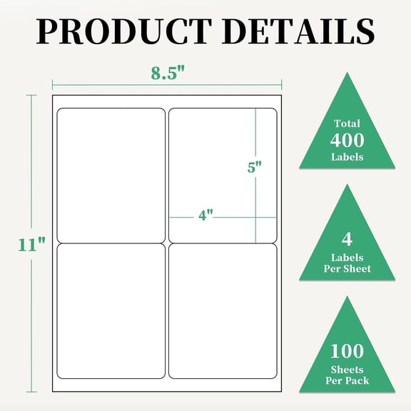 UBSWF-400 Labels 4-Up 4" x 5'' Shipping Address Barcode Labels for Laser & Inkjet Printers, 100 Sheets, White, Permanent Adhesive,