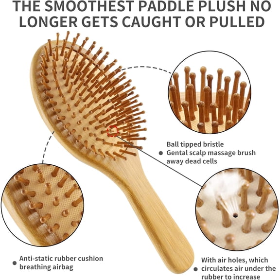UBSWF-4PCS Bamboo Hair Brush Set Eco-Friendly Paddle Brush, Wide-Tooth Comb & Tail Comb Detangling, Scalp Massage, Reduces Frizz, Promotes Hair Growth