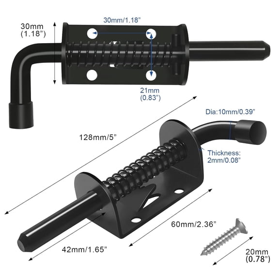 UBSWF-5 Inch Spring Loaded Latch Pin, 2 Packs Heavy Duty Steel Sliding Barrel Bolt Lock Door Lock for Doors, Barn Door, Garage, Shed, 2mm Thickened Outdoor Solid Hardware Latch, Black (Screws Include