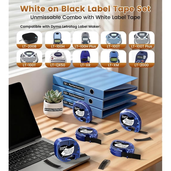 UBSWF-5-Pack Black Label Maker Tape Replace for Dymo Letratag Refills White on Black 913318 Compatible with Dymo Letra Tag Label Maker Refills 1/2'' for Letratag LT-100H LT-100T Plus LT-200B QX50 XM