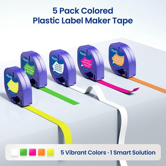 UBSWF-5 Pack Compatible with Dymo Letratag Label Maker Refills 12mm x 4m(1/2" x 13') for Labeler Letra Tag 200B LT 100H 100T Plus, Replacment for Dymo Label Tape Colored Plastic Label Maker Tape