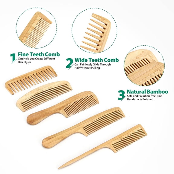UBSWF-5 Pcs Natural Handmade Bamboo Anti-Static Combs Set - Wide Tooth, Rat Tail and Fine Tooth for Long, Short, Thick, Thin, Wavy or Curly Hair Detangling (Natural)