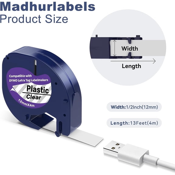 UBSWF-5 X Plastic Clear Label Maker Refills Replacement for Dymo Letratag Refills, Compatible with Dymo Label Maker Refills 12mm x 4m Letratag Replacement for Letra Tag for LT100T LT100H QX50