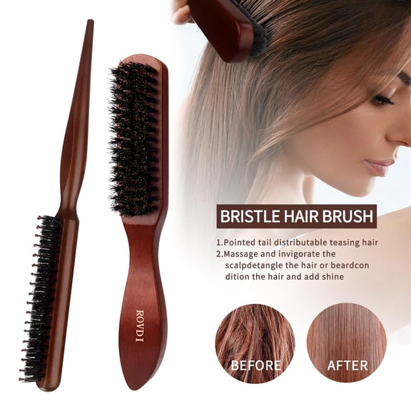 UBSWF-5pcs/Set Deluxe Boar Bristle Hair Brush & Comb Set - Unisex Edge Control Styling Kit for Slick Back, Teasing, Smoothing, Detangling, and Adding Volume - Suitable for Curly, Normal, and Wavy Hai