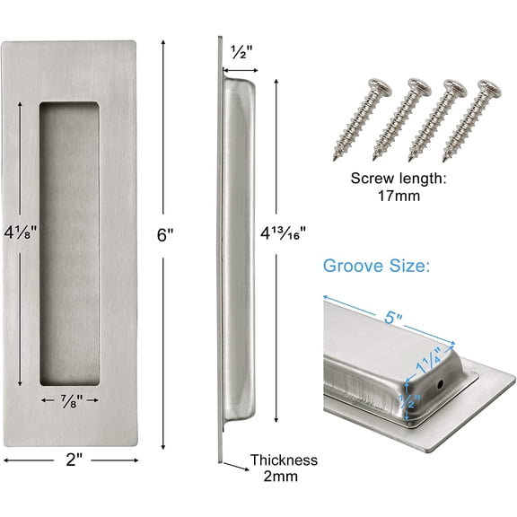 UBSWF-6 Inch Recessed Finger Flush Pulls for Pocket and Sliding Barn Doors, Brushed Stainless Steel Rectangular Door Pulls Hardware(2 Pack)