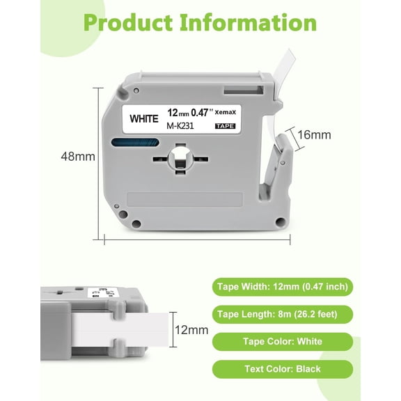 UBSWF-6-Pack M-K231 M 12mm Black on White Label Tape Compatible for Brother MK231 MK231s M231 MK-231 M-K231s P Touch M Label Tape 12mm 0.47'' White for PT-M95 PT-85 PT-75 PT-65 PTM95 Label Maker