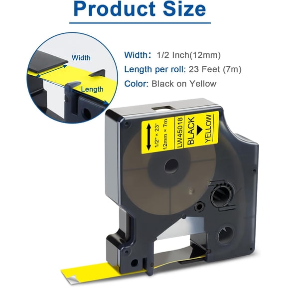 UBSWF-6-Pack Replacement for Dymo D1 Label Tape 1/2 Inch Black on Yellow Compatible with Dymo Label Maker Refills 45018 S0720580 use with LabelManager 160 280 210D 360D 420P 450D 450P 450DUO