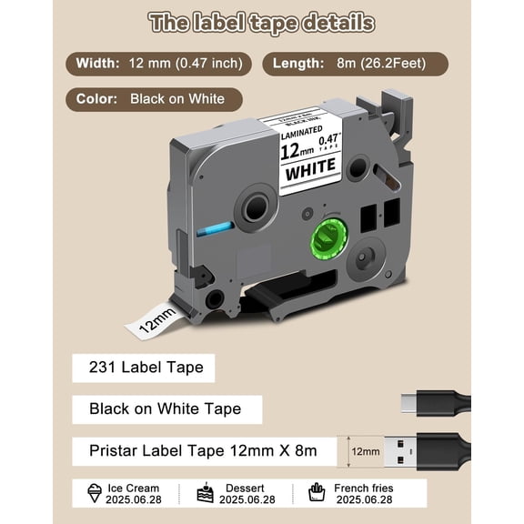UBSWF-6-Pack TZe-231 TZ Tape 12mm 0.47" Laminated White P Touch Label Compatible for Brother P Touch Label Maker Tape for PTouch Label Maker PTD210 H110 D220 D600 D400 D410 2040, Black on White