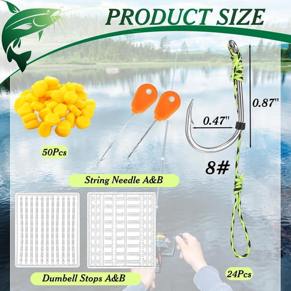 UBSWF-78 Pcs Carp Fishing Hair Rigs Bait Carp Rigs Kit Includes 24 High Carbon Steel Curved Barbed Hook 50 Fake Corn Lures 2 Line Bait Stopper 2 Needle Fishing Equipment Accessories