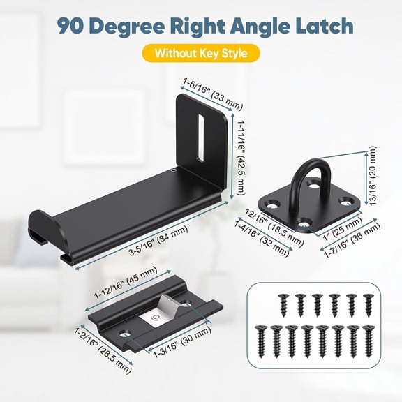 UBSWF-90 Degree Right Angle Door Locks, 3.3 Inch Thickened Sliding Hasp Latch for Inward Opening/Closet/Shed/Barn Door, Cabinet - Heavy Duty Latch for Home Security, Black, 1PC